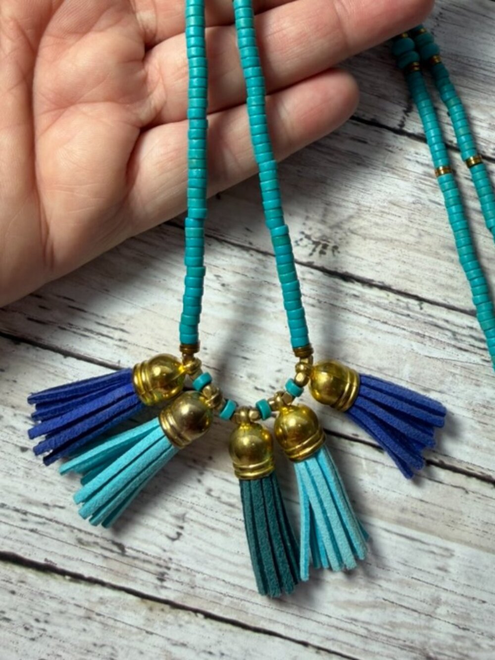 Long Beaded Turquoise and Blue Tassel Necklace 16"
